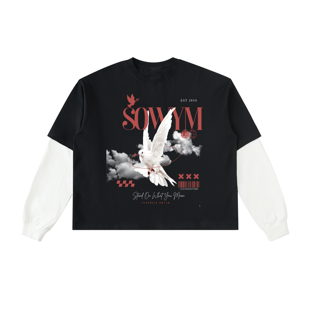 SOWYM Layered Contrast Sleeve Cotton T-Shirt